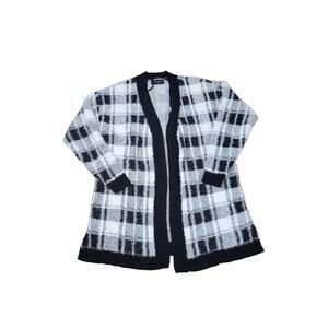 Lane Bryant 14/16 Black White Plaid Fuzzy Knit Open Front Cozy Fall Cardigan